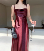 Sexy embossed satin suspender dress with slits for vacation with acetate high-end skirt R1464