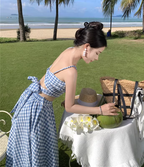 Travel wear women's beach dress backless blue and white plaid skirt a-line suit R1567