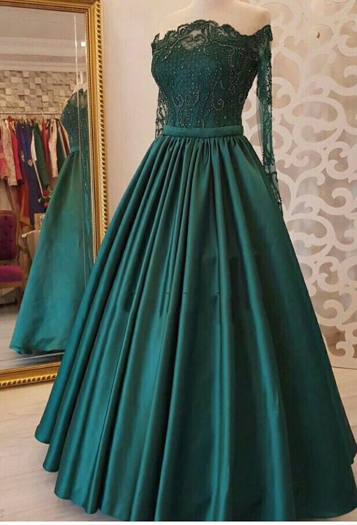 modest dark green party dress, off the shoulder prom dresses ,prom dress with long sleeves, evening gowns with lace C1642