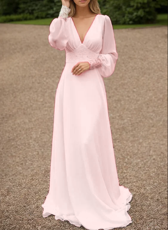 Ivory lace wedding dress long sleeve button back long train gown lace & chiffon Wedding Dresses