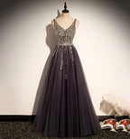 Stylish v neck tulle long prom dress A line evening dress s76