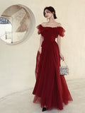 Dark Red Velvet Long Formal Gown, Off Shoulder Dark Red Prom Dress Y1435