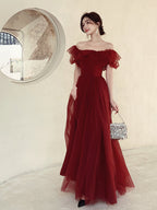 Dark Red Velvet Long Formal Gown, Off Shoulder Dark Red Prom Dress Y1435