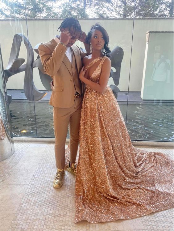 Sparkly Rose Gold Sequin Prom Dress With Train,Sexy Evening Gown Y1436