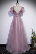 Pink tulle sequins long prom dress pink evening dress s61