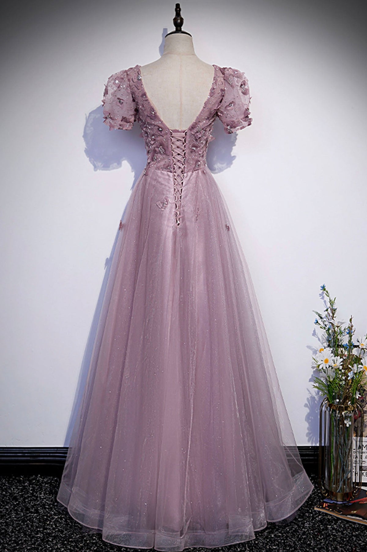 Pink tulle sequins long prom dress pink evening dress s61