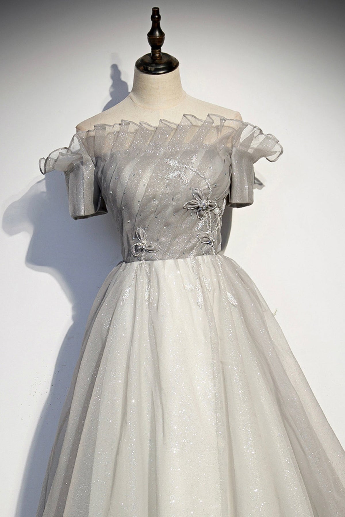 Silver tulle long prom dress formal dress s79