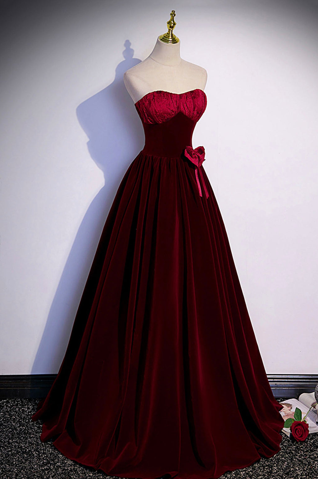 Burgundy velvet long prom dress A-line evening gown s86