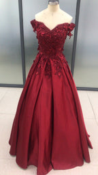 Dark Red Satin Off Shoulder Lace Applique Floor Length Prom Dress, Wedding Guest Formal Gowns, Off shoulder Party Dress,Custom Made Y1572