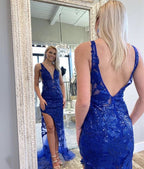 Sexy Royal Blue Applique Prom Dresses V-back Long Evening Formal Gown Y1551