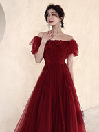 Dark Red Long Formal Gown, Off Shoulder Dark Red Prom Dress Y1653