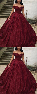 Charming Burgundy Lace Ball Gown Off Shoulder  Wedding Dresses Y1564