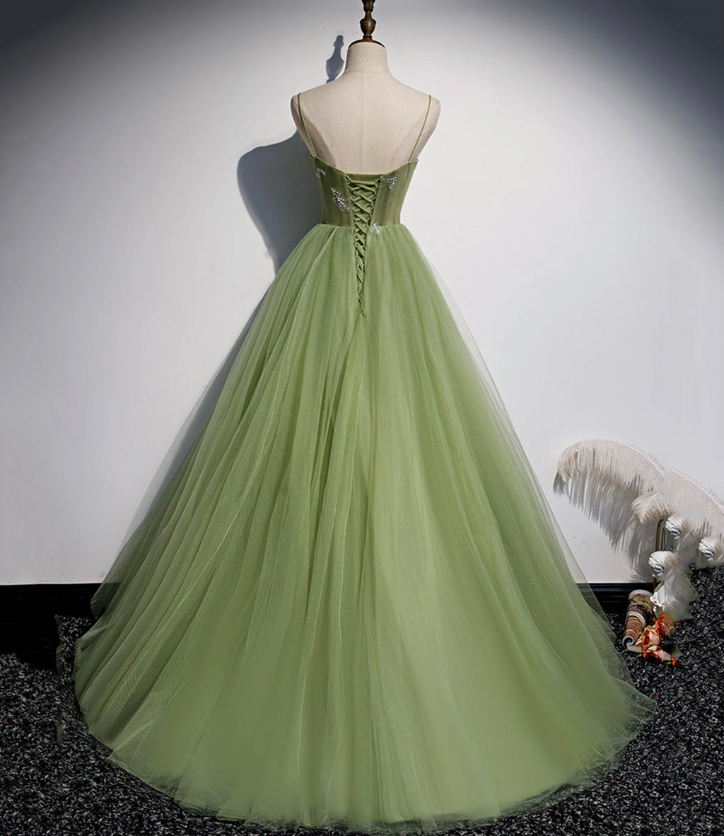 Green tulle long prom dress A line evening dress s56