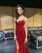 Sparkly Mermaid Sweetheart Red Sequins Long Prom Evening Dresses with Split Y1312