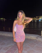 Cute Bodycon Straps Pink Short Sparkly Homecoming Dresses Y1288