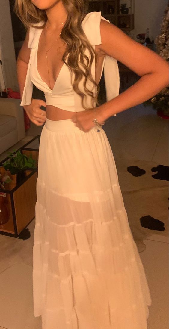 Charming Two Piece White Evening Dress,White Wedding Guest Dress Y1326