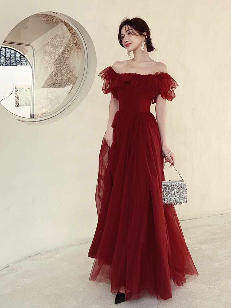 Dark Red Long Formal Gown, Off Shoulder Dark Red Prom Dress Y1653