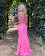 Charming Mermaid V Neck Hot Pink Lace Long Prom Dresses Y1028