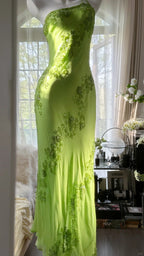 Fresh Green One Shoulder Chiffon Beaded Mermaid Evening Gown Prom Dresses