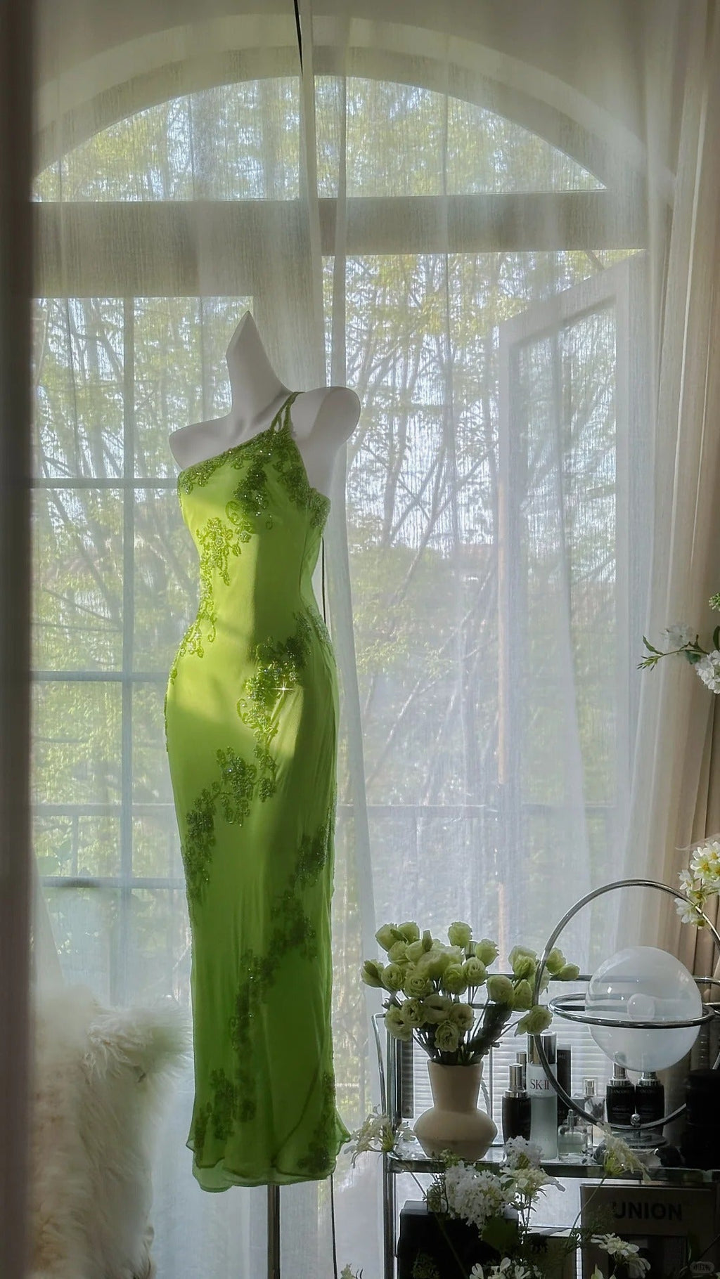 Fresh Green One Shoulder Chiffon Beaded Mermaid Evening Gown Prom Dresses