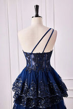 One Shoulder Appliques Ruffle Prom Dress Y6597