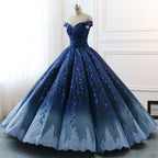Gorgeous Navy Blue Lace Applique Off Shoulder A-line Ball Gown-Lace-Up Princess Prom Dresses