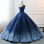 Gorgeous Navy Blue Lace Applique Off Shoulder A-line Ball Gown-Lace-Up Princess Prom Dresses