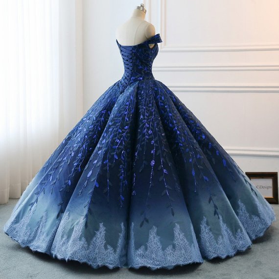 Gorgeous Navy Blue Lace Applique Off Shoulder A-line Ball Gown-Lace-Up Princess Prom Dresses