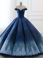 Gorgeous Navy Blue Lace Applique Off Shoulder A-line Ball Gown-Lace-Up Princess Prom Dresses