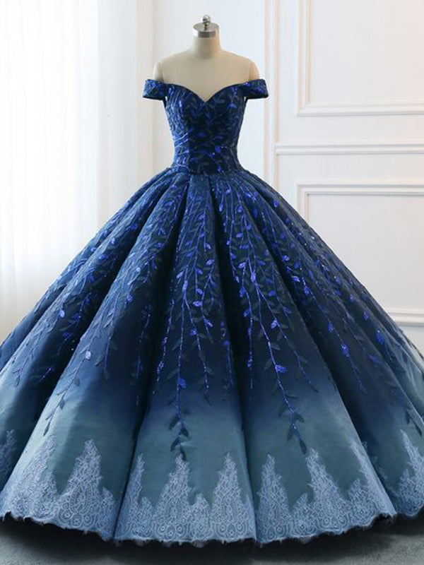Gorgeous Navy Blue Lace Applique Off Shoulder A-line Ball Gown-Lace-Up Princess Prom Dresses