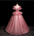 Gorgeous Princess Pink Crew Neck Puff Sleeve Tulle Ball Gown Evening Dresses Sweet 16 Dresses