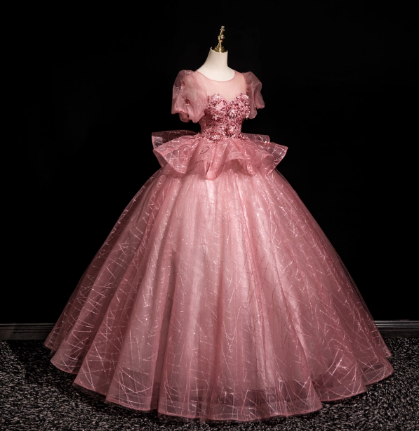 Gorgeous Princess Pink Crew Neck Puff Sleeve Tulle Ball Gown Evening Dresses Sweet 16 Dresses
