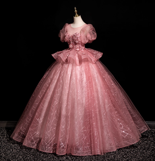 Gorgeous Princess Pink Crew Neck Puff Sleeve Tulle Ball Gown Evening Dresses Sweet 16 Dresses