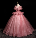 Gorgeous Princess Pink Crew Neck Puff Sleeve Tulle Ball Gown Evening Dresses Sweet 16 Dresses