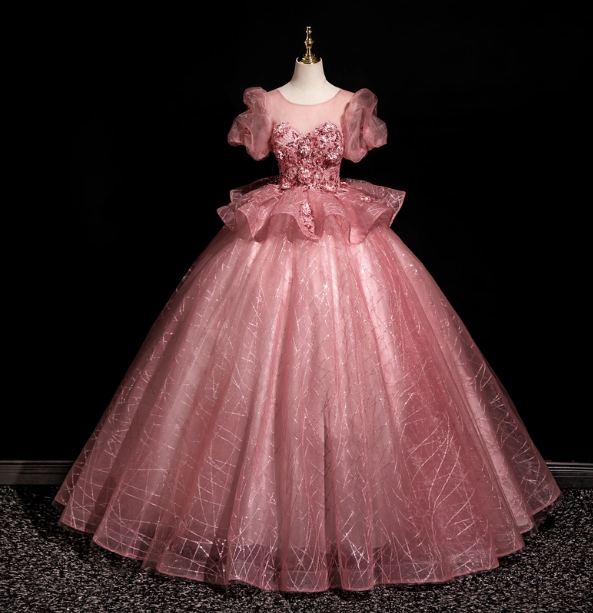 Gorgeous Princess Pink Crew Neck Puff Sleeve Tulle Ball Gown Evening Dresses Sweet 16 Dresses