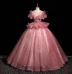Gorgeous Princess Pink Crew Neck Puff Sleeve Tulle Ball Gown Evening Dresses Sweet 16 Dresses