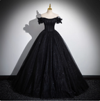 Gothic Court Black Off-The-Shoulder Shimmer Tulle Ball Gown Evening Dresses Sweet 16 Dresses