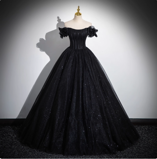 Gothic Court Black Off-The-Shoulder Shimmer Tulle Ball Gown Evening Dresses Sweet 16 Dresses