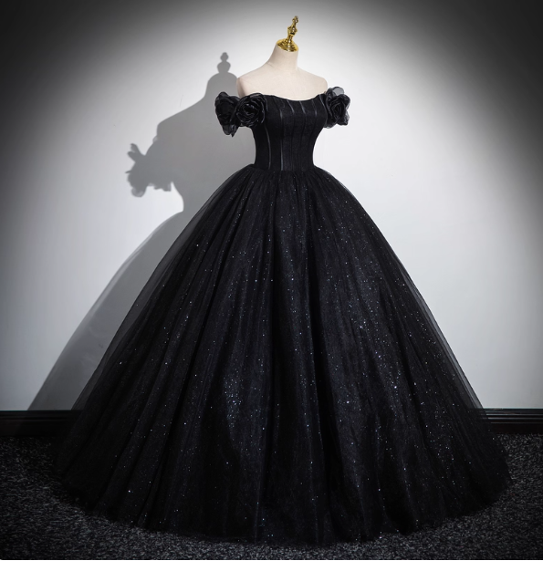 Gothic Court Black Off-The-Shoulder Shimmer Tulle Ball Gown Evening Dresses Sweet 16 Dresses