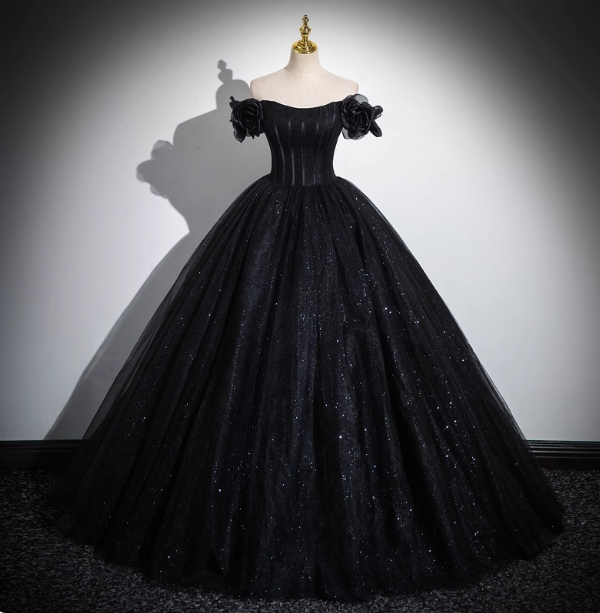 Gothic Court Black Off-The-Shoulder Shimmer Tulle Ball Gown Evening Dresses Sweet 16 Dresses