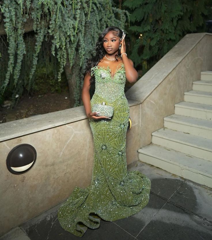 Green Mermaid Long Prom Gowns Shinny Prom Dresses