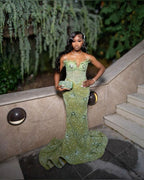 Green Mermaid Long Prom Gowns Shinny Prom Dresses