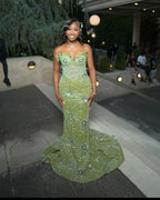 Green Mermaid Long Prom Gowns Shinny Prom Dresses