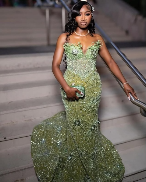 Green Mermaid Long Prom Gowns Shinny Prom Dresses