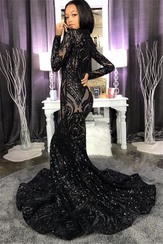 High Neck Shiny Appliques Black Girl Prom Dresses | Mermaid Long Sleeve Prom Gown