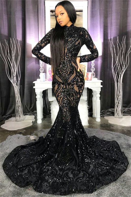 High Neck Shiny Appliques Black Girl Prom Dresses | Mermaid Long Sleeve Prom Gown