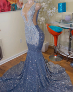 Long Mermaid Prom Dresses Sparkly Diamond Sheer Scoop Neckline Silver Sequined Black Girl Prom Gown