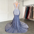 Long Mermaid Prom Dresses Sparkly Diamond Sheer Scoop Neckline Silver Sequined Black Girl Prom Gown