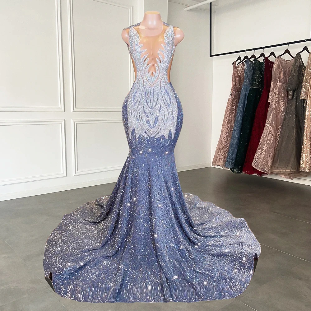 Long Mermaid Prom Dresses Sparkly Diamond Sheer Scoop Neckline Silver Sequined Black Girl Prom Gown