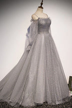 Grey Shiny Elegant Long Sleeves Long Tulle Prom Dress Prom Dress Prom Gowns Graduation Dresses